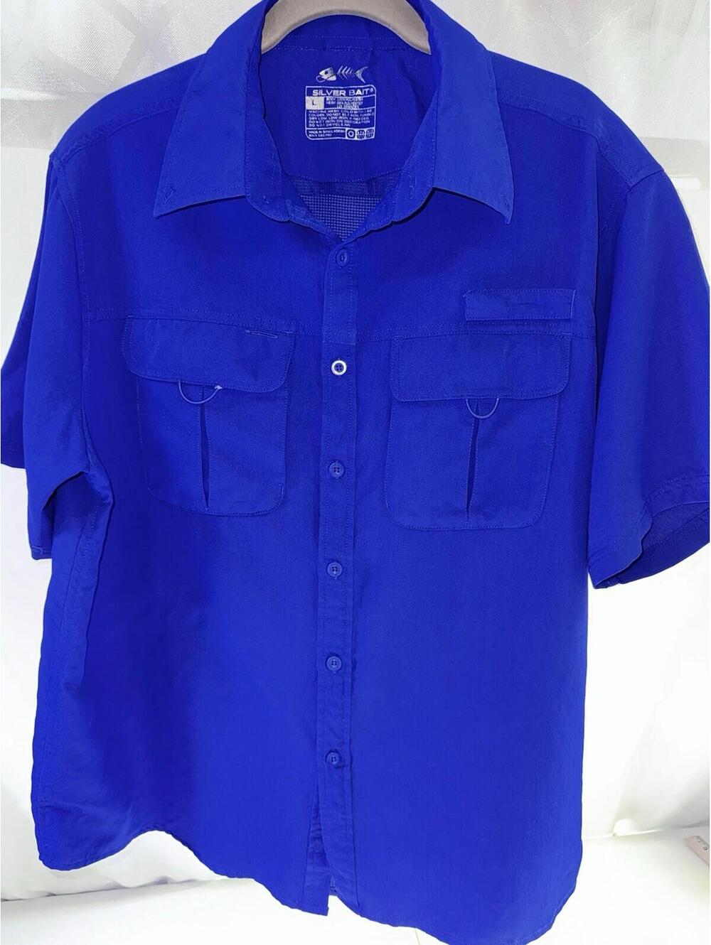 NICE Silver Bait Navy Blue Stretch Poly Vented Short Sleeve Fishing Shirt LG